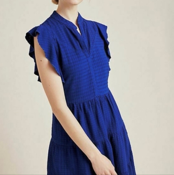Anthropologie Amadi Blue Ruffle Tiered Linen Blend Modest Dress - Picture 8 of 14